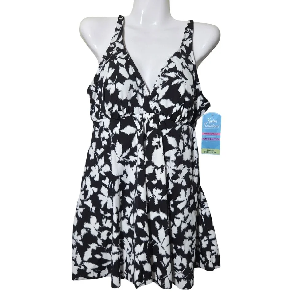 Swim Solutions Swim Dress 14 Black White Floral Slimmer Pool side Beach Resort - Picture 3 of 9